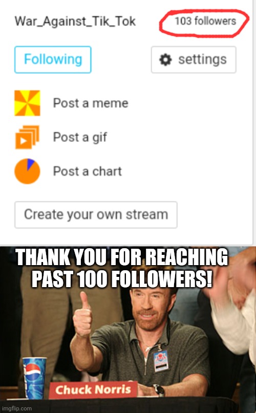 THANK YOU FOR REACHING PAST 100 FOLLOWERS! | image tagged in memes,chuck norris approves | made w/ Imgflip meme maker