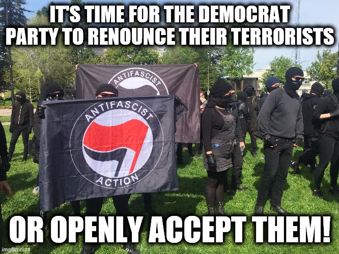 IT'S TIME FOR THE DEMOCRAT PARTY TO RENOUNCE THEIR TERRORISTS; OR OPENLY ACCEPT THEM! | image tagged in memes,antifa,terrorists,democrats,riots,anti-american | made w/ Imgflip meme maker
