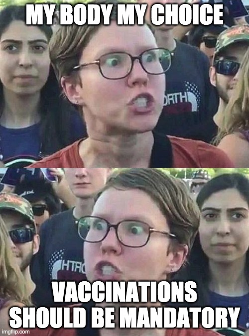 The whole "my body, my choice" argument makes no sense. The baby is not a part of her body. Baby's body, baby's choice. | MY BODY MY CHOICE; VACCINATIONS SHOULD BE MANDATORY | image tagged in triggered liberal,funny,memes,politics,liberal hypocrisy | made w/ Imgflip meme maker