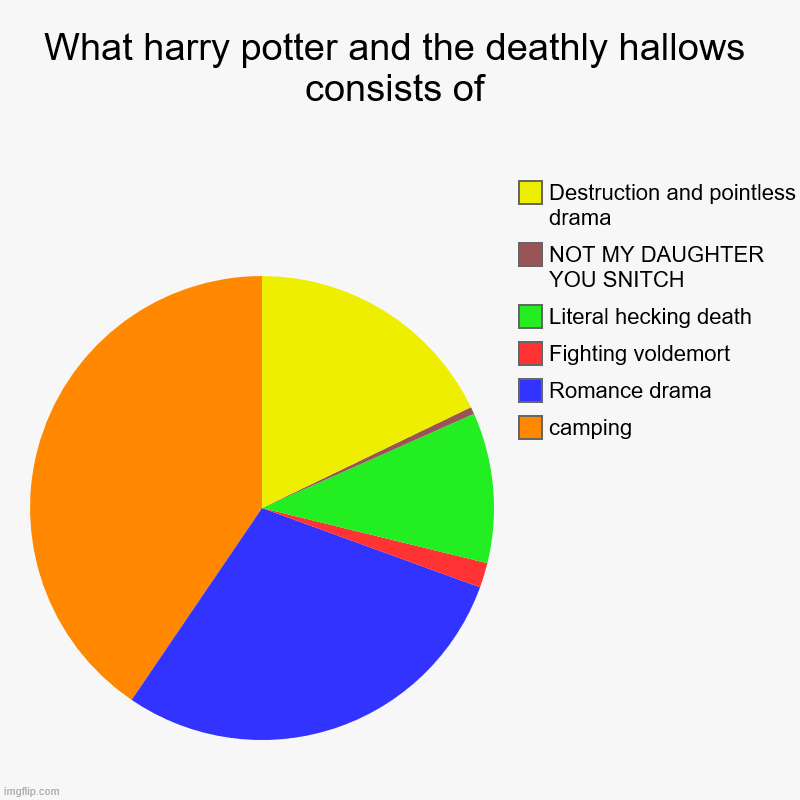 What harry potter and the deathly hallows consists of | camping, Romance drama, Fighting voldemort, Literal hecking death, NOT MY DAUGHTER Y | image tagged in charts,pie charts | made w/ Imgflip chart maker