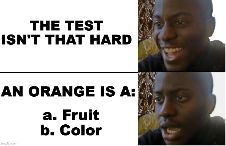 Easy. | THE TEST ISN'T THAT HARD; AN ORANGE IS A:; a. Fruit
b. Color | image tagged in disappointed black guy,fruit,colors,test,memes | made w/ Imgflip meme maker