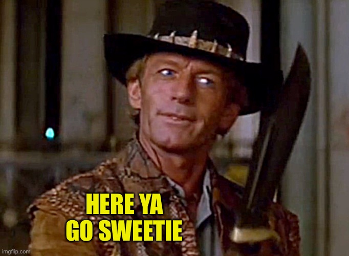 Crocodile Dundee Knife | HERE YA GO SWEETIE | image tagged in crocodile dundee knife | made w/ Imgflip meme maker