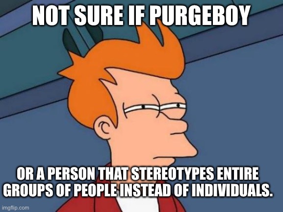 Futurama Fry Meme | NOT SURE IF PURGEBOY OR A PERSON THAT STEREOTYPES ENTIRE GROUPS OF PEOPLE INSTEAD OF INDIVIDUALS. | image tagged in memes,futurama fry | made w/ Imgflip meme maker