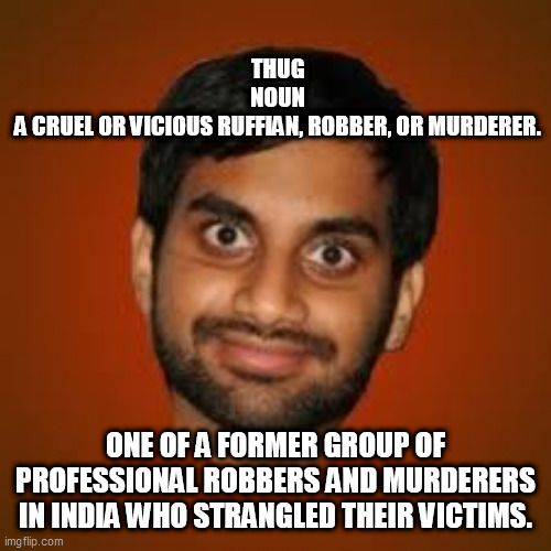 Indian guy | THUG
NOUN
A CRUEL OR VICIOUS RUFFIAN, ROBBER, OR MURDERER. ONE OF A FORMER GROUP OF PROFESSIONAL ROBBERS AND MURDERERS IN INDIA WHO STRANGLED THEIR VICTIMS. | image tagged in indian guy | made w/ Imgflip meme maker