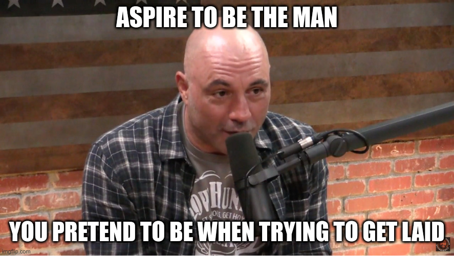 Joe Rogan | ASPIRE TO BE THE MAN; YOU PRETEND TO BE WHEN TRYING TO GET LAID | image tagged in joe rogan,aspire,quotes,inspirational quote,famous quotes | made w/ Imgflip meme maker