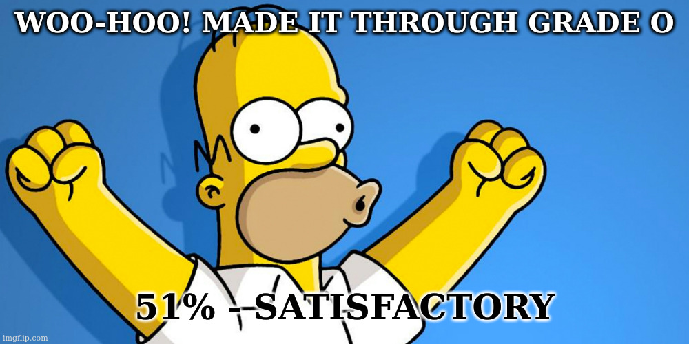 Woo Hoo | WOO-HOO! MADE IT THROUGH GRADE O 51% - SATISFACTORY | image tagged in woo hoo | made w/ Imgflip meme maker