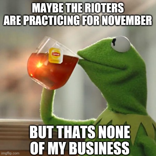 But That's None Of My Business | MAYBE THE RIOTERS ARE PRACTICING FOR NOVEMBER; BUT THATS NONE OF MY BUSINESS | image tagged in memes,but that's none of my business,kermit the frog,trump | made w/ Imgflip meme maker