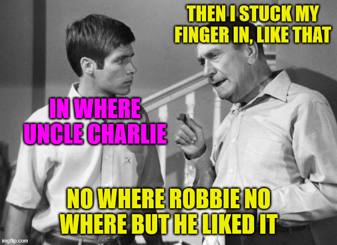 pointing finger | THEN I STUCK MY FINGER IN, LIKE THAT; IN WHERE UNCLE CHARLIE; NO WHERE ROBBIE NO WHERE BUT HE LIKED IT | image tagged in funny memes,drunk uncle,gay pride | made w/ Imgflip meme maker