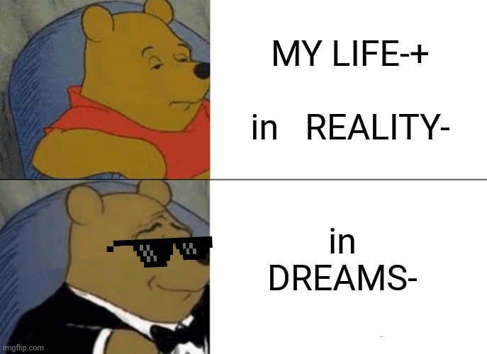 Tuxedo Winnie The Pooh Meme | MY LIFE-+
        in   REALITY-; in
DREAMS- | image tagged in memes,tuxedo winnie the pooh | made w/ Imgflip meme maker