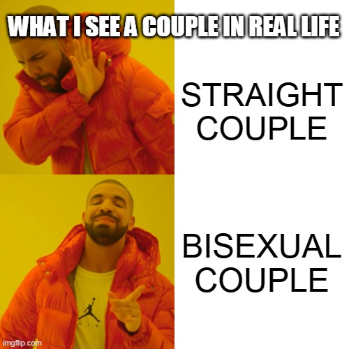 WHAT I SEE COUPLES in real life | WHAT I SEE A COUPLE IN REAL LIFE; STRAIGHT COUPLE; BISEXUAL COUPLE | image tagged in memes,drake hotline bling | made w/ Imgflip meme maker