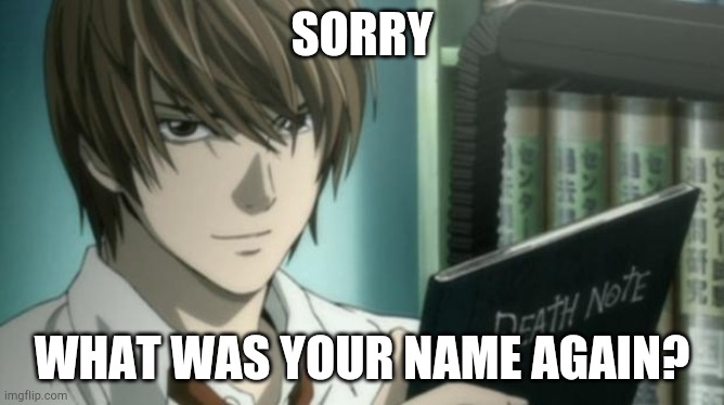 light yagami death note | SORRY WHAT WAS YOUR NAME AGAIN? | image tagged in light yagami death note | made w/ Imgflip meme maker