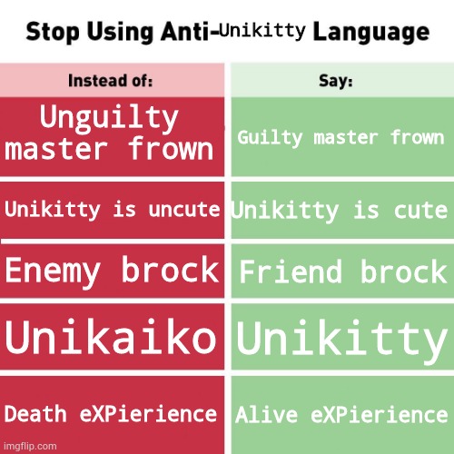 eXPierience... | Unikitty; Unguilty master frown; Guilty master frown; Unikitty is cute; Unikitty is uncute; Enemy brock; Friend brock; Unikaiko; Unikitty; Death eXPierience; Alive eXPierience | image tagged in stop using anti-animal language,unikitty | made w/ Imgflip meme maker