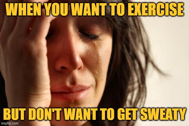 First World Exercise |  WHEN YOU WANT TO EXERCISE; BUT DON'T WANT TO GET SWEATY | image tagged in memes,first world problems,exercise,working out,sweaty,lol so funny | made w/ Imgflip meme maker