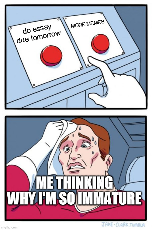 Two Buttons Meme | MORE MEMES; do essay due tomorrow; ME THINKING WHY I'M SO IMMATURE | image tagged in memes,two buttons | made w/ Imgflip meme maker
