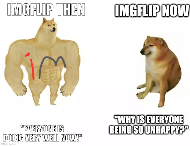 Buff Doge vs. Cheems Meme | IMGFLIP NOW; IMGFLIP THEN; "WHY IS EVERYONE BEING SO UNHAPPY?"; "EVERYONE IS DOING VERY WELL NOW!" | image tagged in buff doge vs cheems,memes,imgflip | made w/ Imgflip meme maker