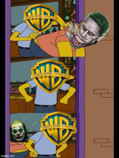 The Warner Bros and Joker | image tagged in moe and barney | made w/ Imgflip meme maker