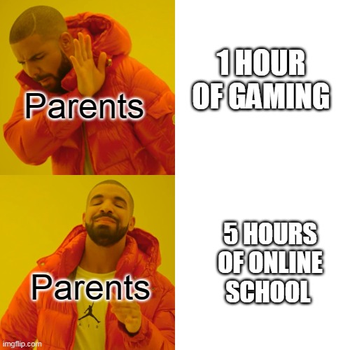 Online School | 1 HOUR OF GAMING; Parents; 5 HOURS OF ONLINE SCHOOL; Parents | image tagged in memes,drake hotline bling,funny | made w/ Imgflip meme maker