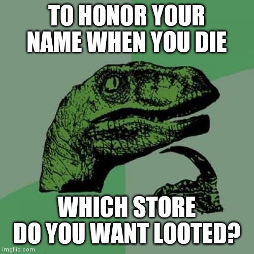 Philosoraptor Meme | TO HONOR YOUR NAME WHEN YOU DIE; WHICH STORE DO YOU WANT LOOTED? | image tagged in memes,philosoraptor | made w/ Imgflip meme maker