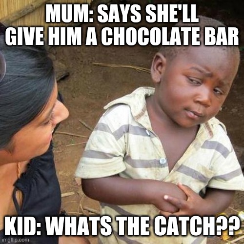 skeptical kid talks to mum | MUM: SAYS SHE'LL GIVE HIM A CHOCOLATE BAR; KID: WHATS THE CATCH?? | image tagged in memes,third world skeptical kid | made w/ Imgflip meme maker