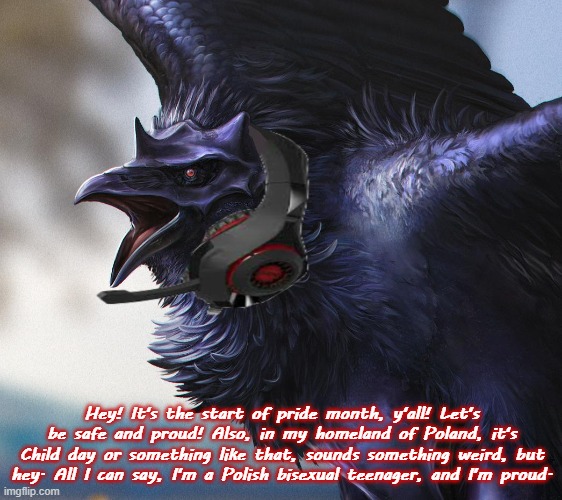 Yep. It's true on all of it. And that template is called Realistic DJ Corviknight, the original image I just edited. | Hey! It's the start of pride month, y'all! Let's be safe and proud! Also, in my homeland of Poland, it's Child day or something like that, sounds something weird, but hey. All I can say, I'm a Polish bisexual teenager, and I'm proud. | image tagged in realistic dj corviknight | made w/ Imgflip meme maker