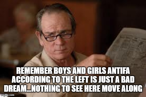 no country for old men tommy lee jones | REMEMBER BOYS AND GIRLS ANTIFA ACCORDING TO THE LEFT IS JUST A BAD DREAM...NOTHING TO SEE HERE MOVE ALONG | image tagged in no country for old men tommy lee jones | made w/ Imgflip meme maker