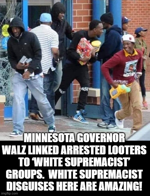 White Supremacist Disguises Are Amazing! | MINNESOTA GOVERNOR WALZ LINKED ARRESTED LOOTERS TO ‘WHITE SUPREMACIST’ GROUPS.  WHITE SUPREMACIST DISGUISES HERE ARE AMAZING! | image tagged in stupid liberals,democrats | made w/ Imgflip meme maker