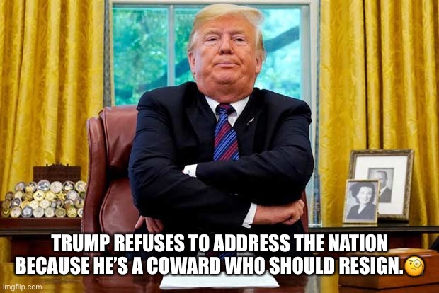 Cowardice!!!!!! | TRUMP REFUSES TO ADDRESS THE NATION BECAUSE HE’S A COWARD WHO SHOULD RESIGN.🧐 | image tagged in donald trump,coward,resign,resist,looters,protest | made w/ Imgflip meme maker