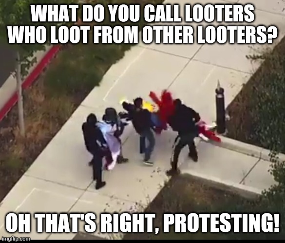 Looters loot from anyone it seems | WHAT DO YOU CALL LOOTERS WHO LOOT FROM OTHER LOOTERS? OH THAT'S RIGHT, PROTESTING! | image tagged in looters | made w/ Imgflip meme maker