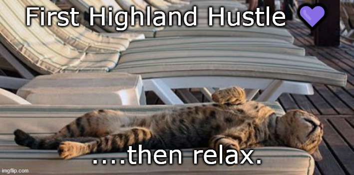 Hustle and Relax | First Highland Hustle 💜; ....then relax. | image tagged in hustle,cat,relax | made w/ Imgflip meme maker