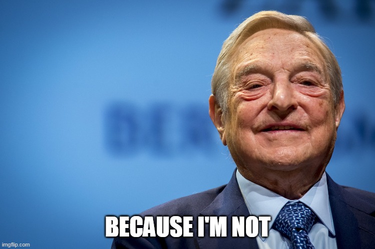 Gleeful George Soros | BECAUSE I'M NOT | image tagged in gleeful george soros | made w/ Imgflip meme maker
