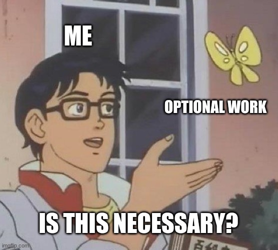 Is it though? | ME; OPTIONAL WORK; IS THIS NECESSARY? | image tagged in memes | made w/ Imgflip meme maker