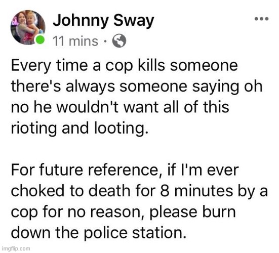 If I'm ever choked to death or whatever at the hands of police (though not likely as I'm white): Yes, please burn it down. Thx | image tagged in police brutality,fuck the police,police,repost,racism,police shooting | made w/ Imgflip meme maker