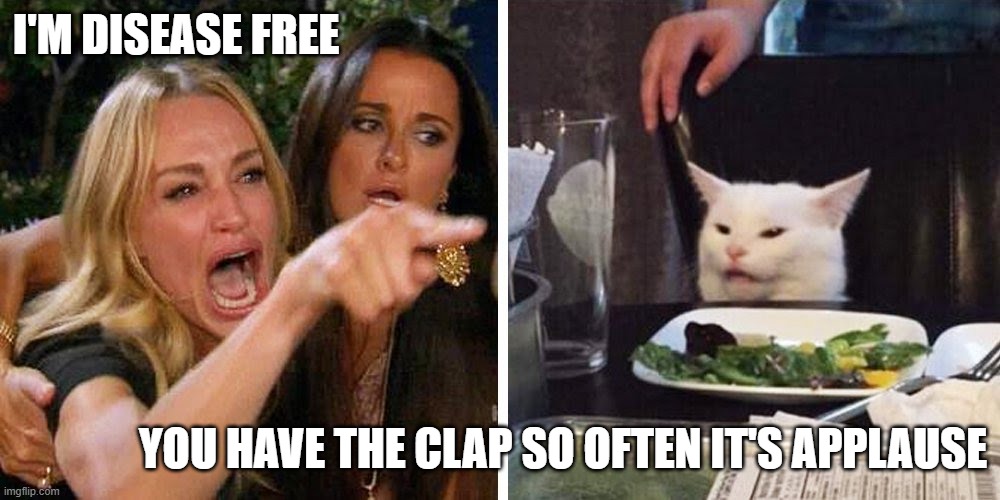Smudge the cat | I'M DISEASE FREE; YOU HAVE THE CLAP SO OFTEN IT'S APPLAUSE | image tagged in smudge the cat | made w/ Imgflip meme maker