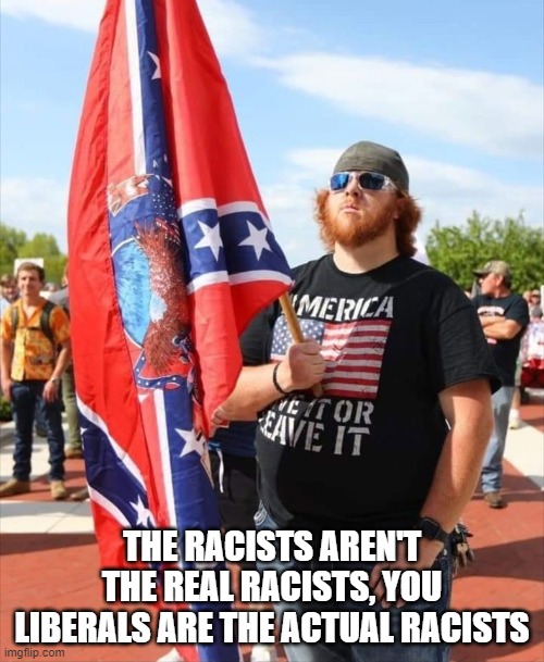 ginger libertarian | THE RACISTS AREN'T THE REAL RACISTS, YOU LIBERALS ARE THE ACTUAL RACISTS | image tagged in ginger libertarian | made w/ Imgflip meme maker