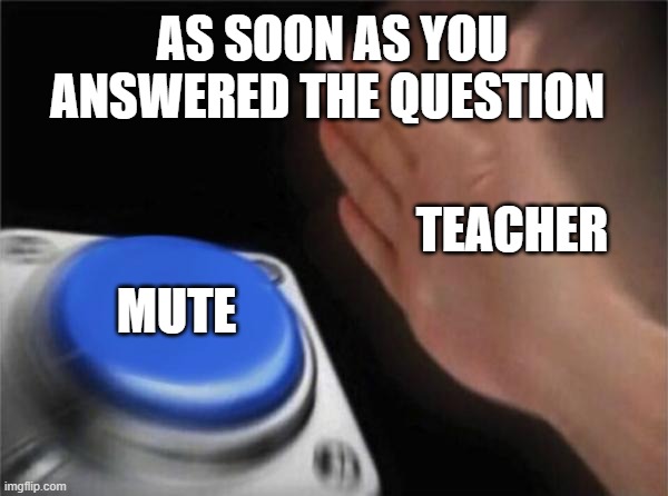 Teachers when u answer a question | AS SOON AS YOU ANSWERED THE QUESTION; TEACHER; MUTE | image tagged in memes,blank nut button | made w/ Imgflip meme maker