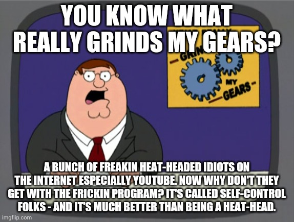 Peter Griffin News Meme | YOU KNOW WHAT REALLY GRINDS MY GEARS? A BUNCH OF FREAKIN HEAT-HEADED IDIOTS ON THE INTERNET ESPECIALLY YOUTUBE. NOW WHY DON'T THEY GET WITH THE FRICKIN PROGRAM? IT'S CALLED SELF-CONTROL FOLKS - AND IT'S MUCH BETTER THAN BEING A HEAT-HEAD. | image tagged in memes,peter griffin news,youtube | made w/ Imgflip meme maker