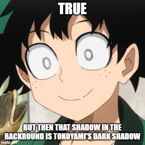 Triggered Deku | TRUE BUT THEN THAT SHADOW IN THE BACKROUND IS TOKOYAMI'S DARK SHADOW | image tagged in triggered deku | made w/ Imgflip meme maker