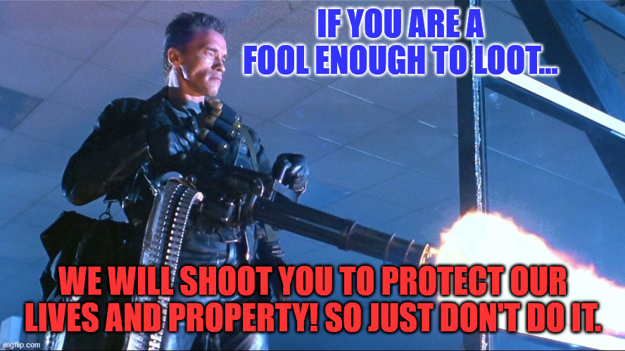 Terminator Minigun Arnold Schwarzenegger | IF YOU ARE A FOOL ENOUGH TO LOOT... WE WILL SHOOT YOU TO PROTECT OUR LIVES AND PROPERTY! SO JUST DON'T DO IT. | image tagged in terminator minigun arnold schwarzenegger | made w/ Imgflip meme maker