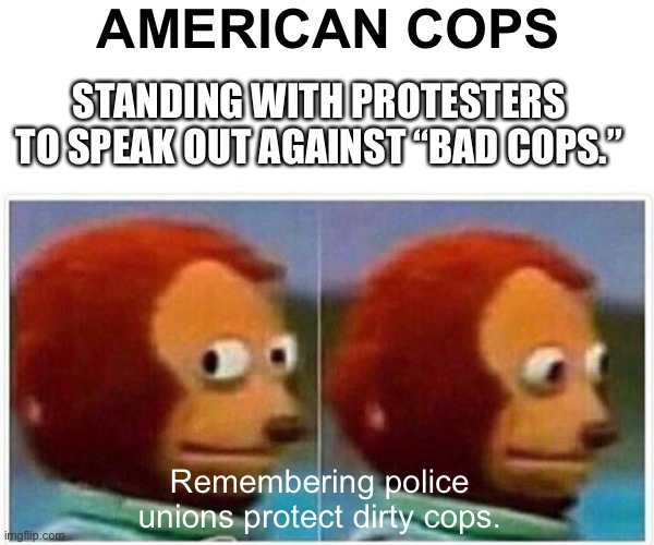 Bad Cop vs. Good Cop | AMERICAN COPS; STANDING WITH PROTESTERS TO SPEAK OUT AGAINST “BAD COPS.”; Remembering police unions protect dirty cops. | image tagged in monkey puppet,union,police,protest,blm,cops | made w/ Imgflip meme maker