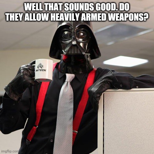 Darth Vader Office Space | WELL THAT SOUNDS GOOD. DO THEY ALLOW HEAVILY ARMED WEAPONS? | image tagged in darth vader office space | made w/ Imgflip meme maker