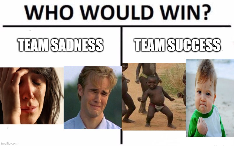 Who Would Win? | TEAM SADNESS; TEAM SUCCESS | image tagged in memes,who would win,first world problems,1990s first world problems,third world success kid,success kid | made w/ Imgflip meme maker