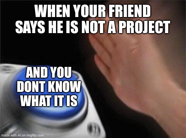I am a project | WHEN YOUR FRIEND SAYS HE IS NOT A PROJECT; AND YOU DONT KNOW WHAT IT IS | image tagged in memes,blank nut button | made w/ Imgflip meme maker