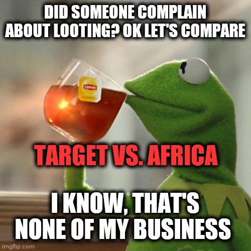 The World's on Sale | DID SOMEONE COMPLAIN ABOUT LOOTING? OK LET'S COMPARE; TARGET VS. AFRICA; I KNOW, THAT'S NONE OF MY BUSINESS | image tagged in memes,but that's none of my business,kermit the frog,looting,target | made w/ Imgflip meme maker
