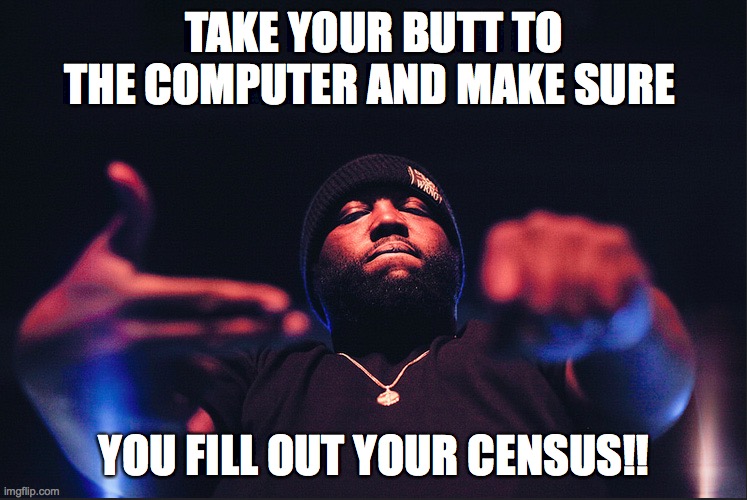 Killer Mike RTJ | TAKE YOUR BUTT TO THE COMPUTER AND MAKE SURE; YOU FILL OUT YOUR CENSUS!! | image tagged in killer mike rtj | made w/ Imgflip meme maker