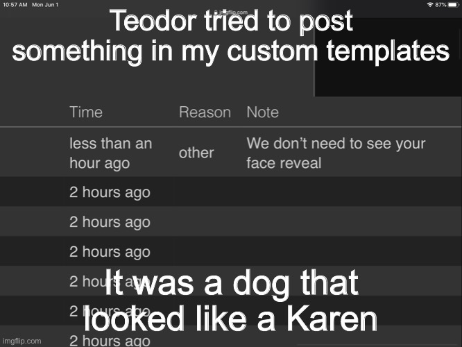 Any stream I moderate, he will not be posting in it | Teodor tried to post something in my custom templates; It was a dog that looked like a Karen | image tagged in roasted,boomer,idiot,hahaha,lol | made w/ Imgflip meme maker