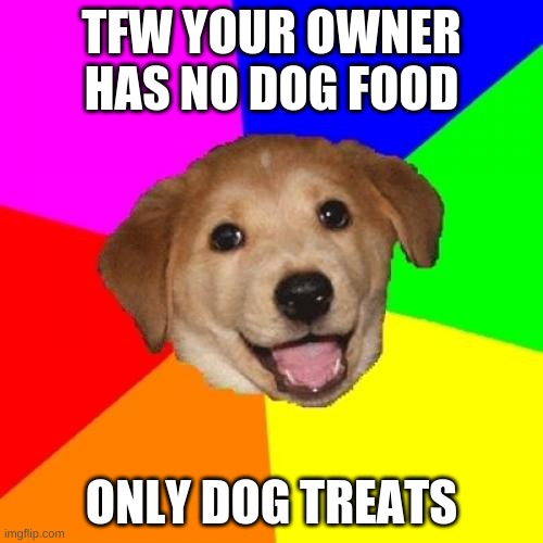Advice Dog Meme | TFW YOUR OWNER HAS NO DOG FOOD; ONLY DOG TREATS | image tagged in memes,advice dog | made w/ Imgflip meme maker