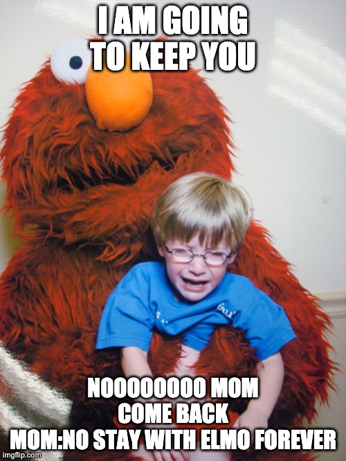 noooooo mom come back | I AM GOING TO KEEP YOU; NOOOOOOOO MOM COME BACK
MOM:NO STAY WITH ELMO FOREVER | image tagged in elmo loves you | made w/ Imgflip meme maker