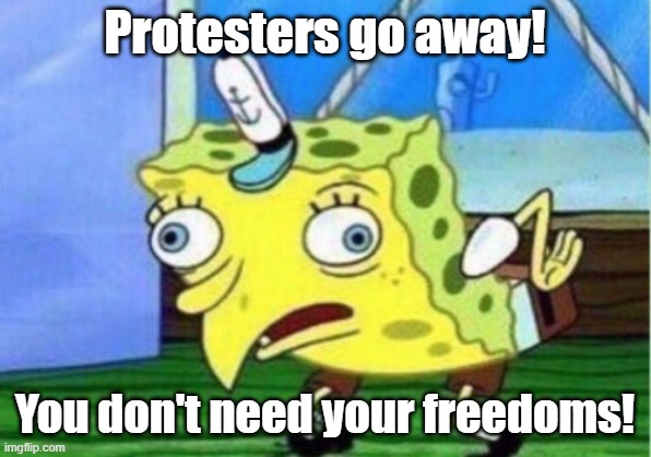 Mocking Spongebob | Protesters go away! You don't need your freedoms! | image tagged in memes,mocking spongebob | made w/ Imgflip meme maker