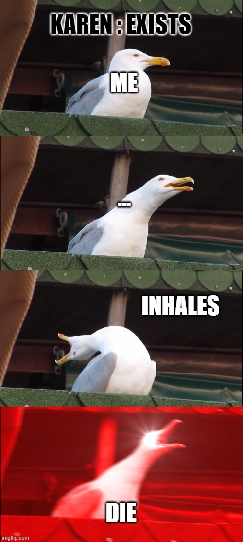 Inhaling Seagull Meme | KAREN : EXISTS; ME; ... INHALES; DIE | image tagged in memes,inhaling seagull | made w/ Imgflip meme maker