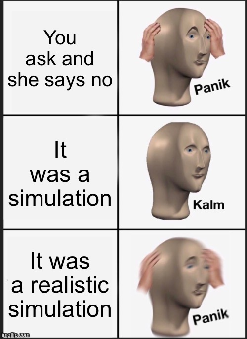 Realistic simulations | You ask and she says no; It was a simulation; It was a realistic simulation | image tagged in memes,panik kalm panik | made w/ Imgflip meme maker